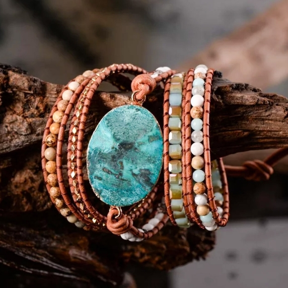 Handmade Leather Gemstone Jasper Wrap Bracelet - Picture 5 of 7